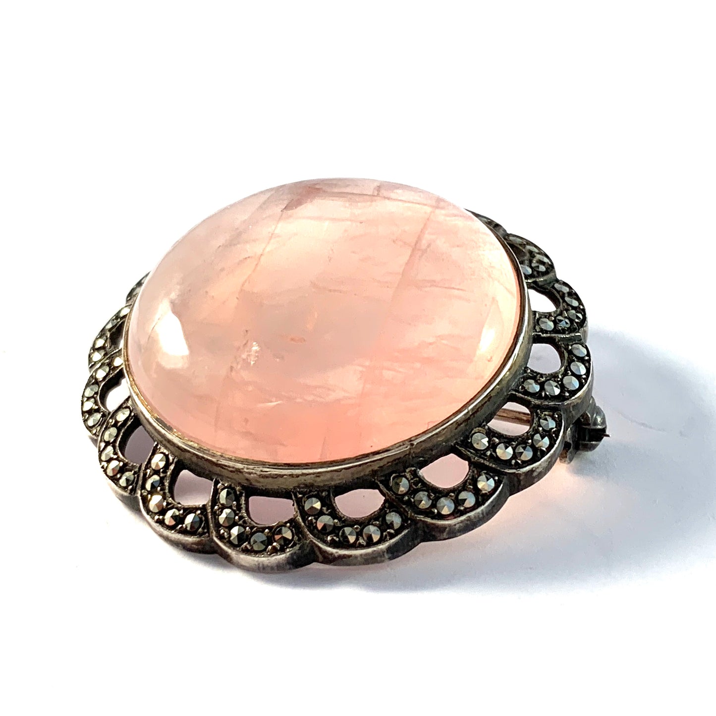 Germany 1940s. Solid Silver Rose Quartz Marcasite Brooch.