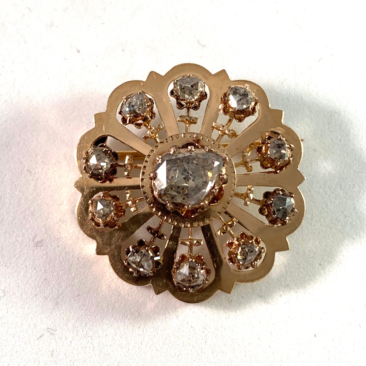 France c 1890 18k Gold Rose Cut Diamond Belle Epoque Brooch