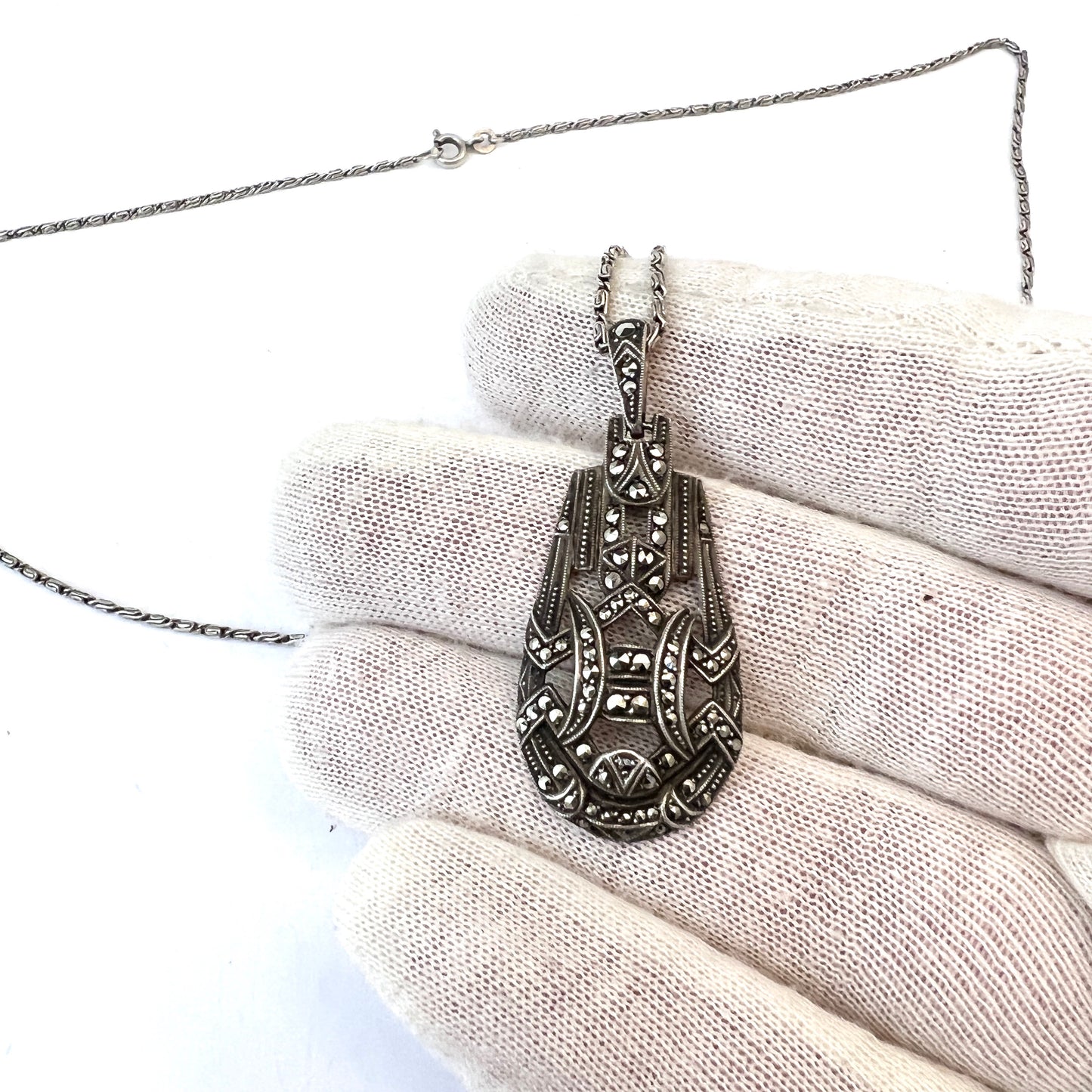 Germany / Sweden Art Deco 935 Sterling Marcasite Pendant Long Chain Necklace.