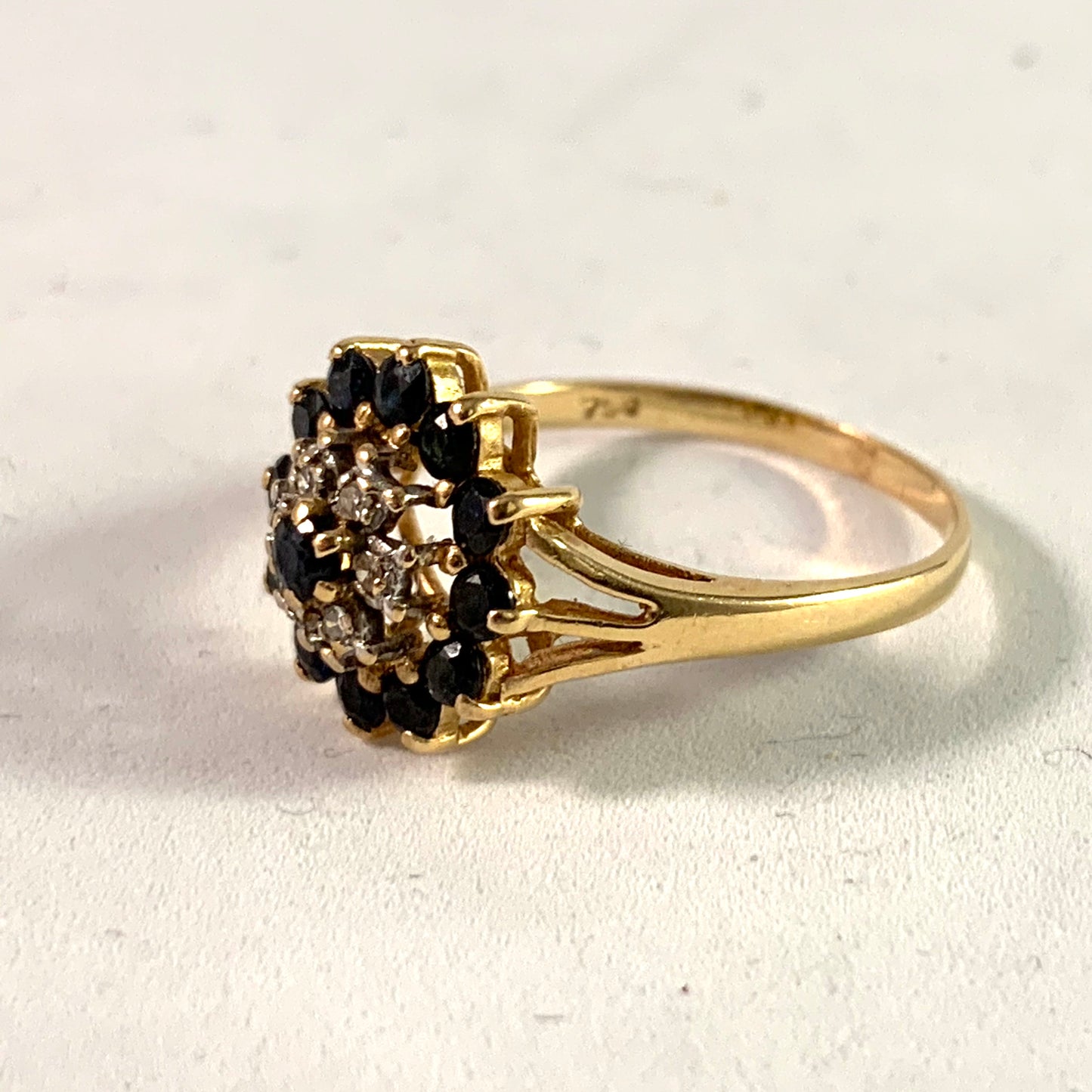 Mid Century 18k Gold Diamond Sapphire Cluster Ring