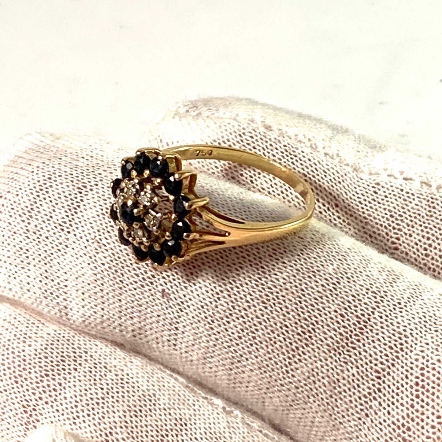 Mid Century 18k Gold Diamond Sapphire Cluster Ring