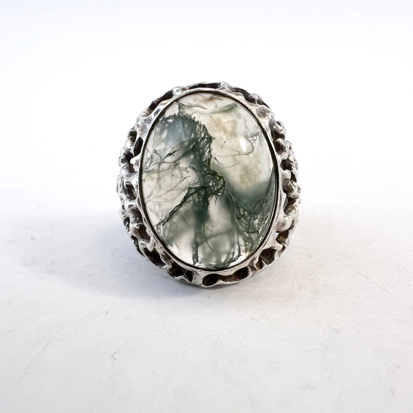 Birmingham 1969. Bold Vintage Sterling Silver Moss Agate Unisex Ring.