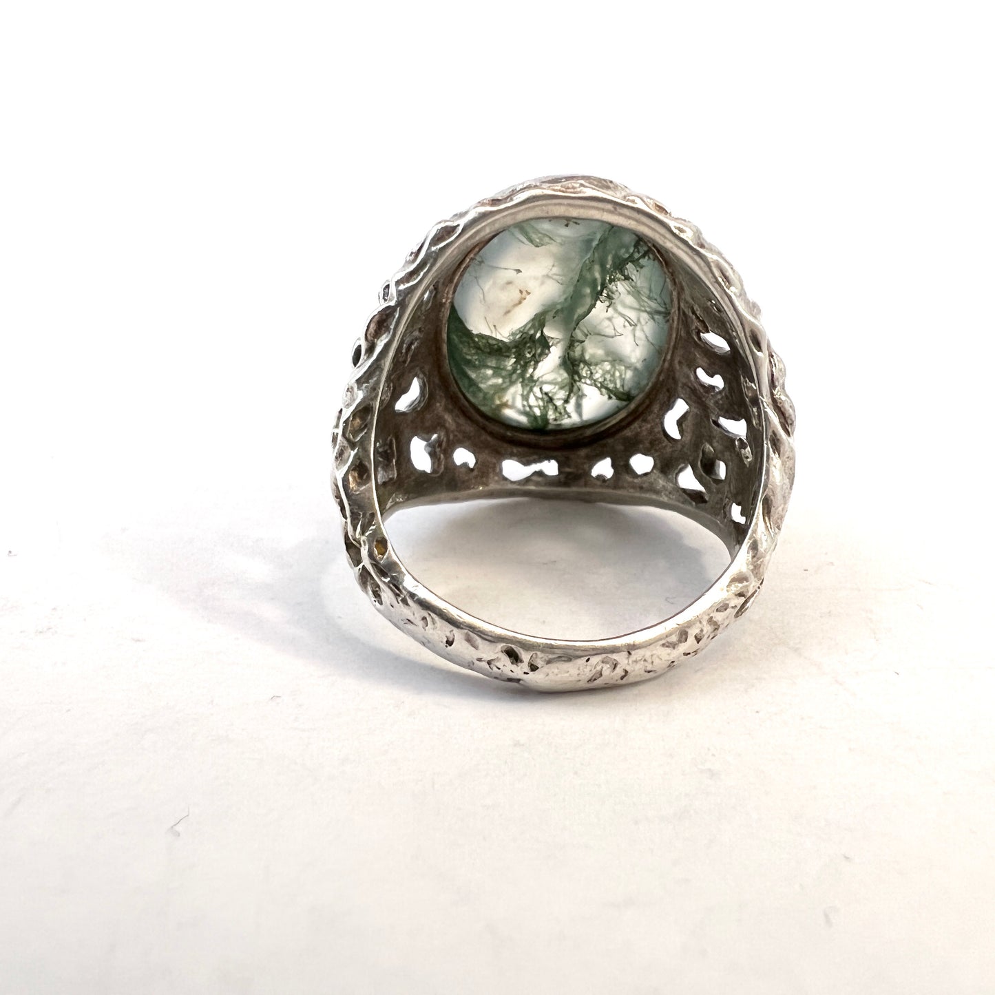 Birmingham 1969. Bold Vintage Sterling Silver Moss Agate Unisex Ring.