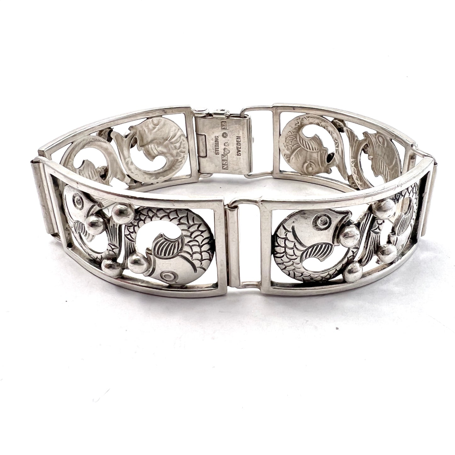 Nordisk Silverkonst, Sweden 1948. Vintage Sterling Silver Fish Bracelet.