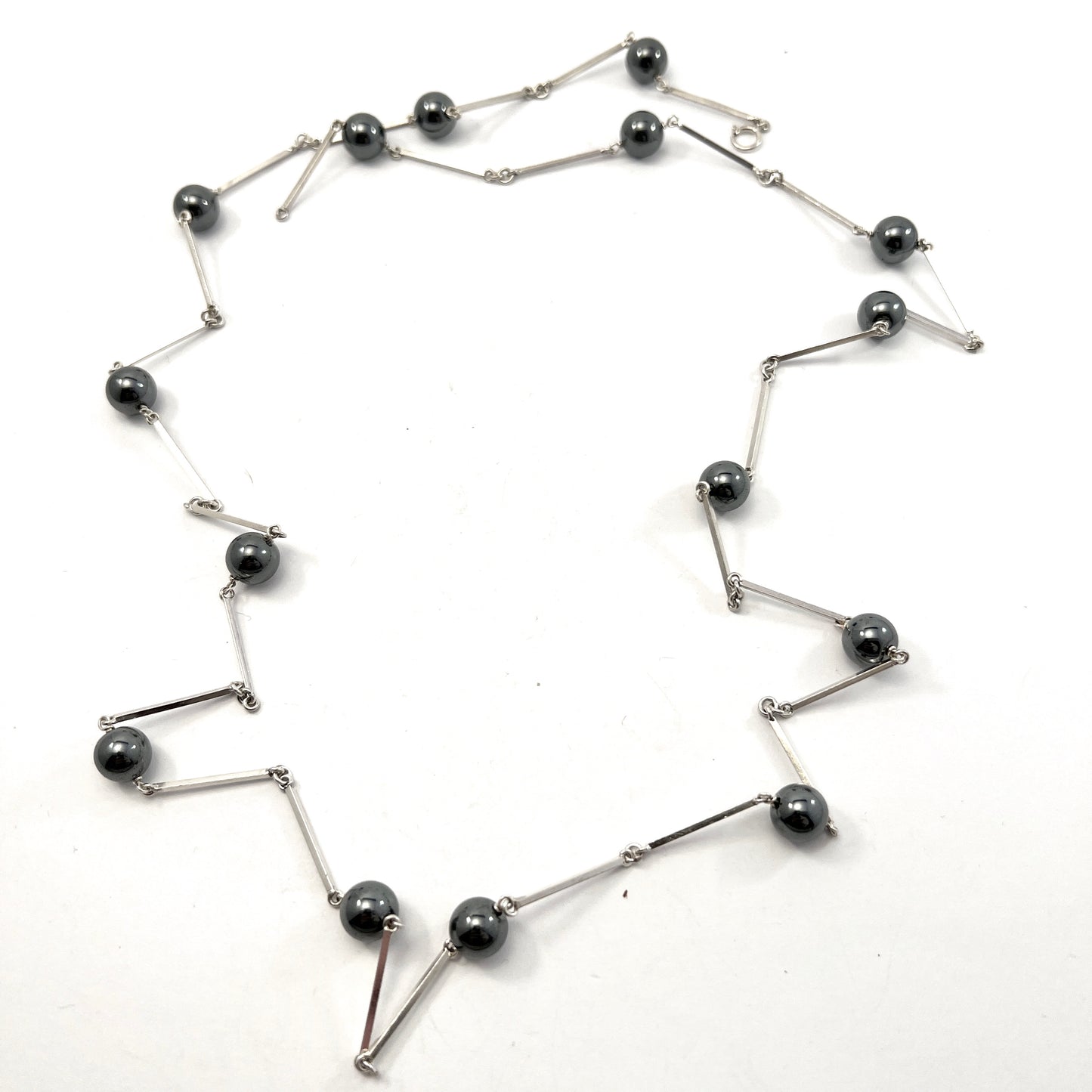 Edlund, Stockholm 1947. Vintage Mid Century Sterling Silver Hematite Long Necklace.