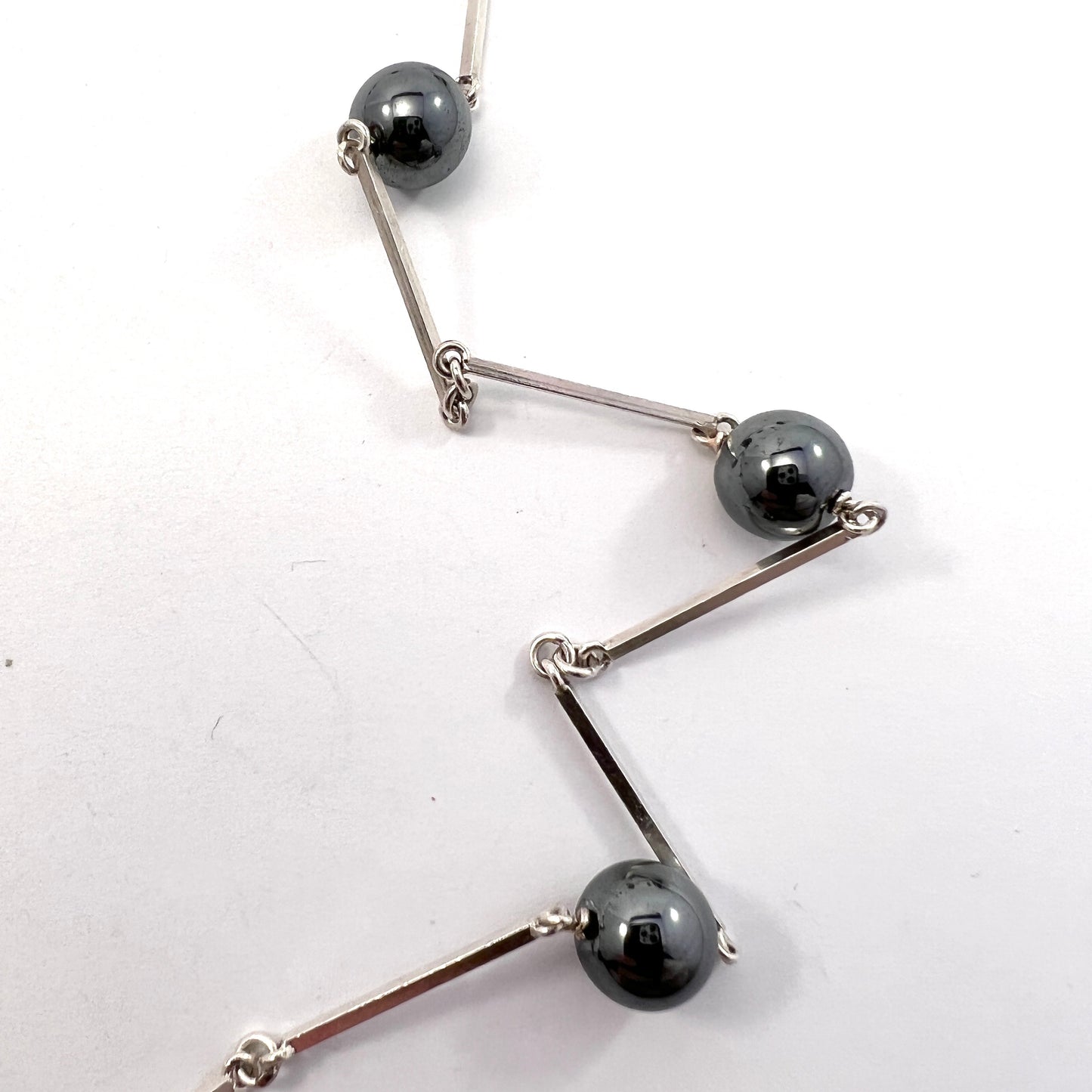 Edlund, Stockholm 1947. Vintage Mid Century Sterling Silver Hematite Long Necklace.