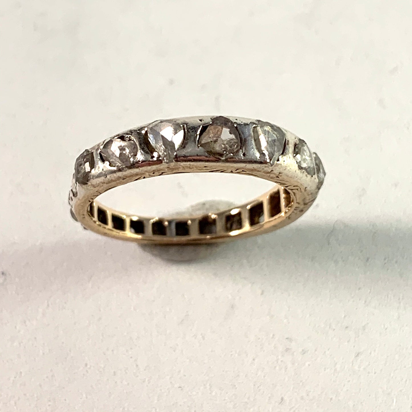 Antique Platinum Gold Rose Cut Diamond Eternity Ring.