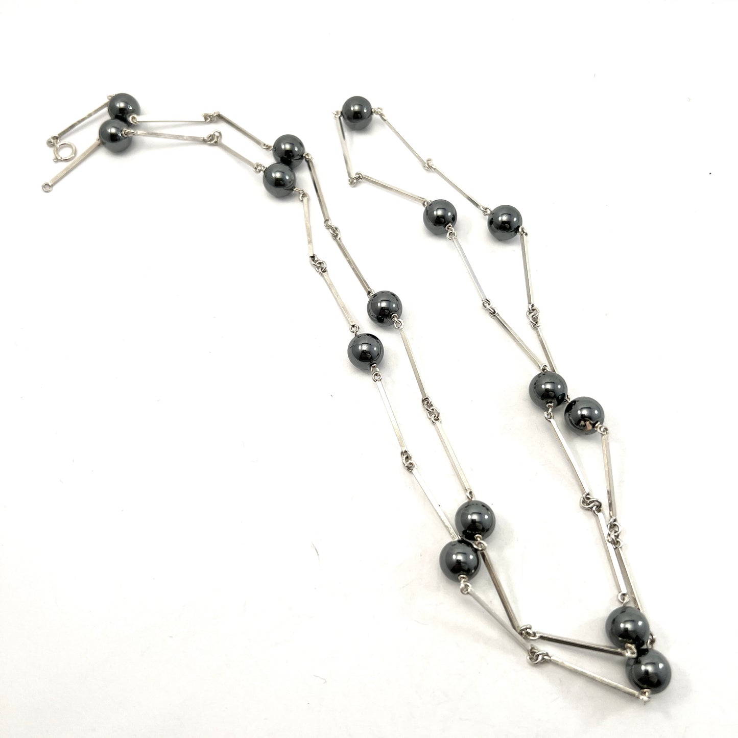 Edlund, Stockholm 1947. Vintage Mid Century Sterling Silver Hematite Long Necklace.