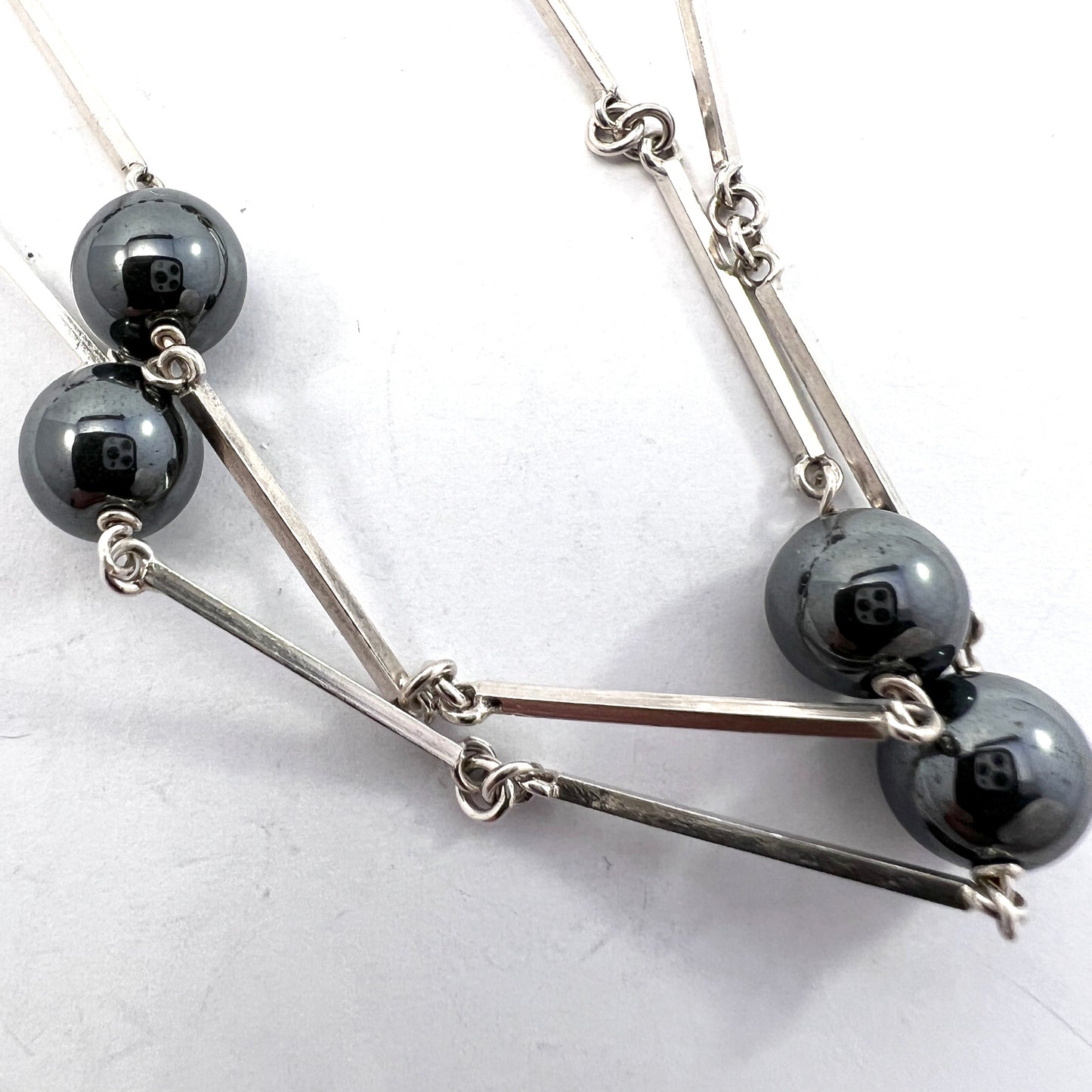 Edlund, Stockholm 1947. Vintage Mid Century Sterling Silver Hematite Long Necklace.