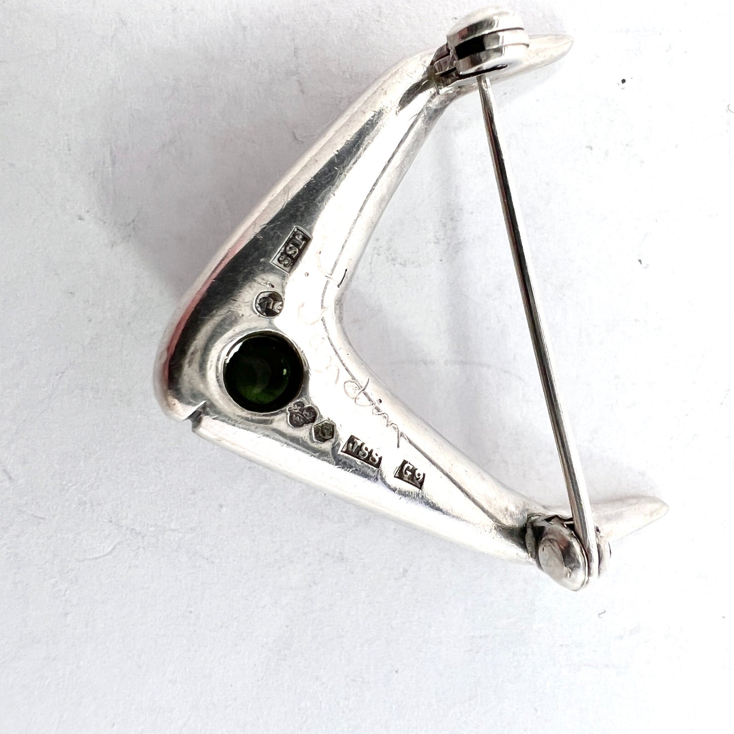 Jarl Sandin, Sweden 1957. Vintage Sterling Silver Tourmaline Fish Brooch. Signed.