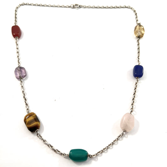 Vintage Mid Century Multiple Gemstones 835 Silver Necklace.