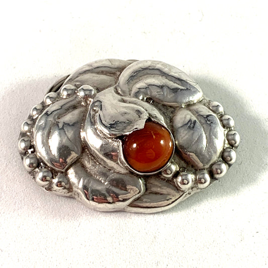 Denmark 1910s Art Nouveau Silver Amber Brooch Converted To Scarf Clip.