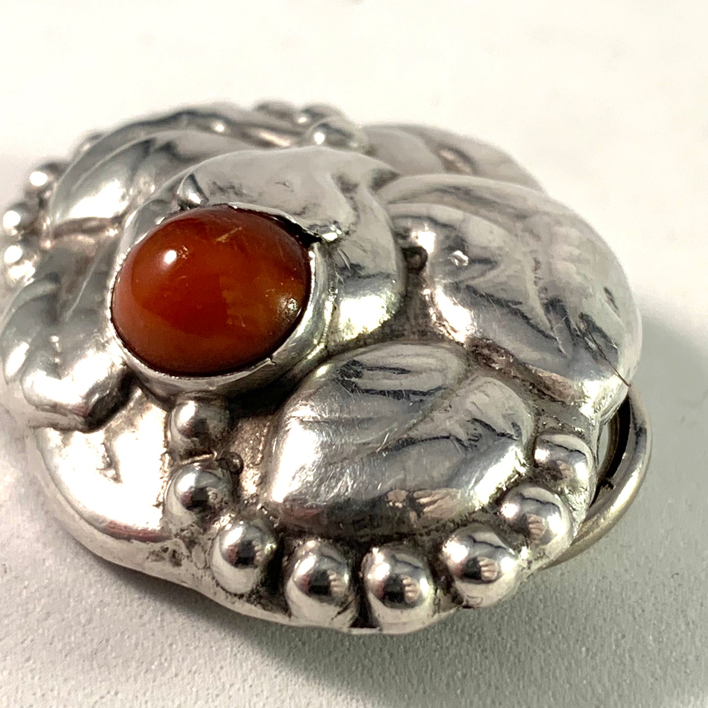 Denmark 1910s Art Nouveau Silver Amber Brooch Converted To Scarf Clip.