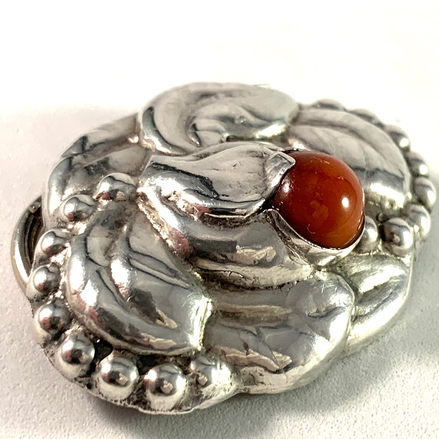 Denmark 1910s Art Nouveau Silver Amber Brooch Converted To Scarf Clip.