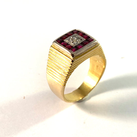 Art Deco 14k Gold Diamond and Ruby Men's Ring.