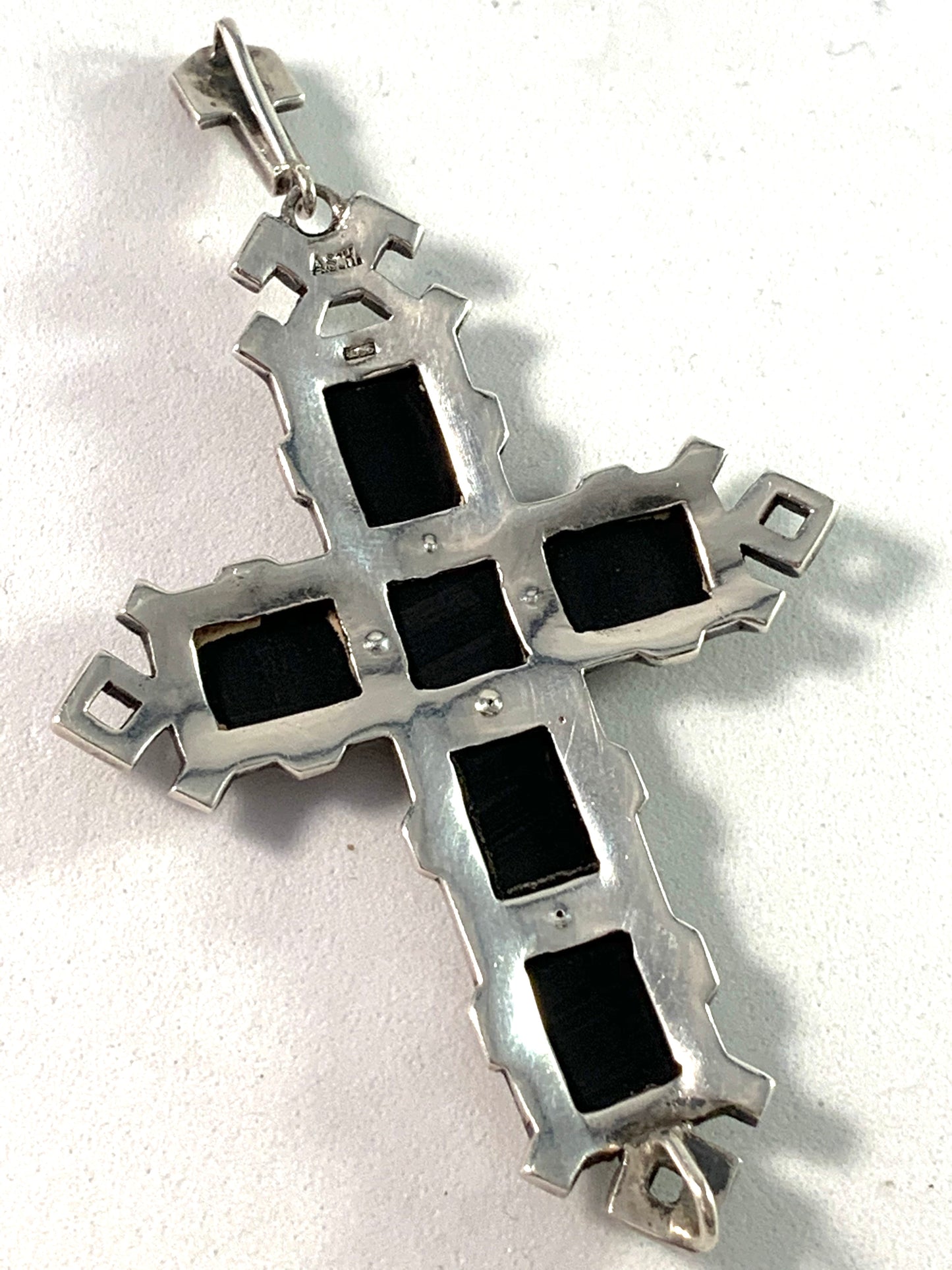 Albert Scharning, Norway early 1900s  Solid Silver Onyx Mourning Cross Pendant.