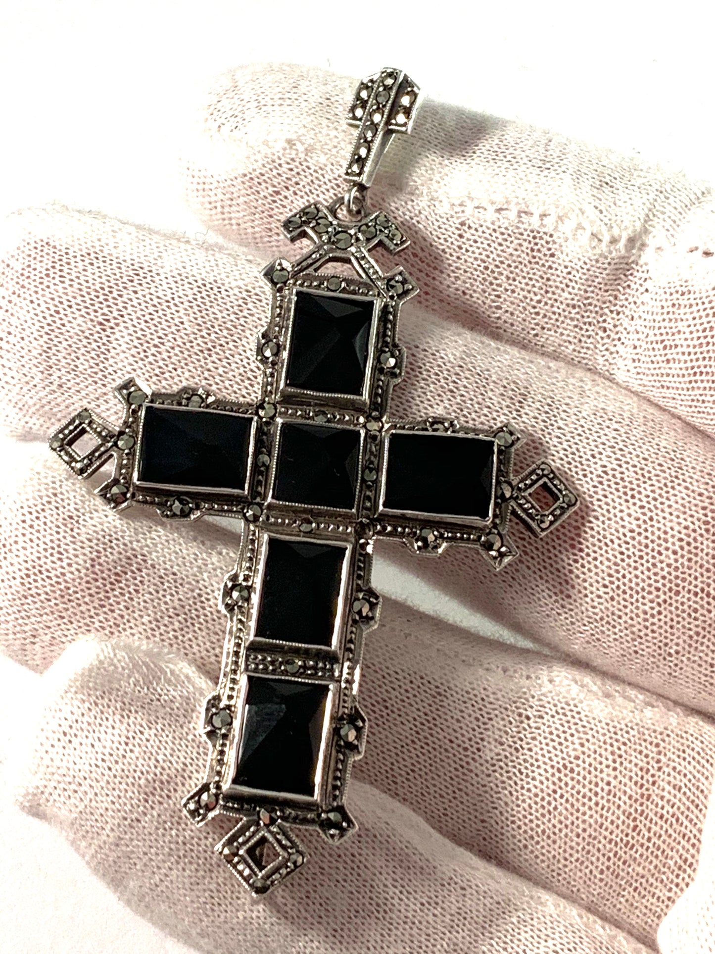 Albert Scharning, Norway early 1900s  Solid Silver Onyx Mourning Cross Pendant.