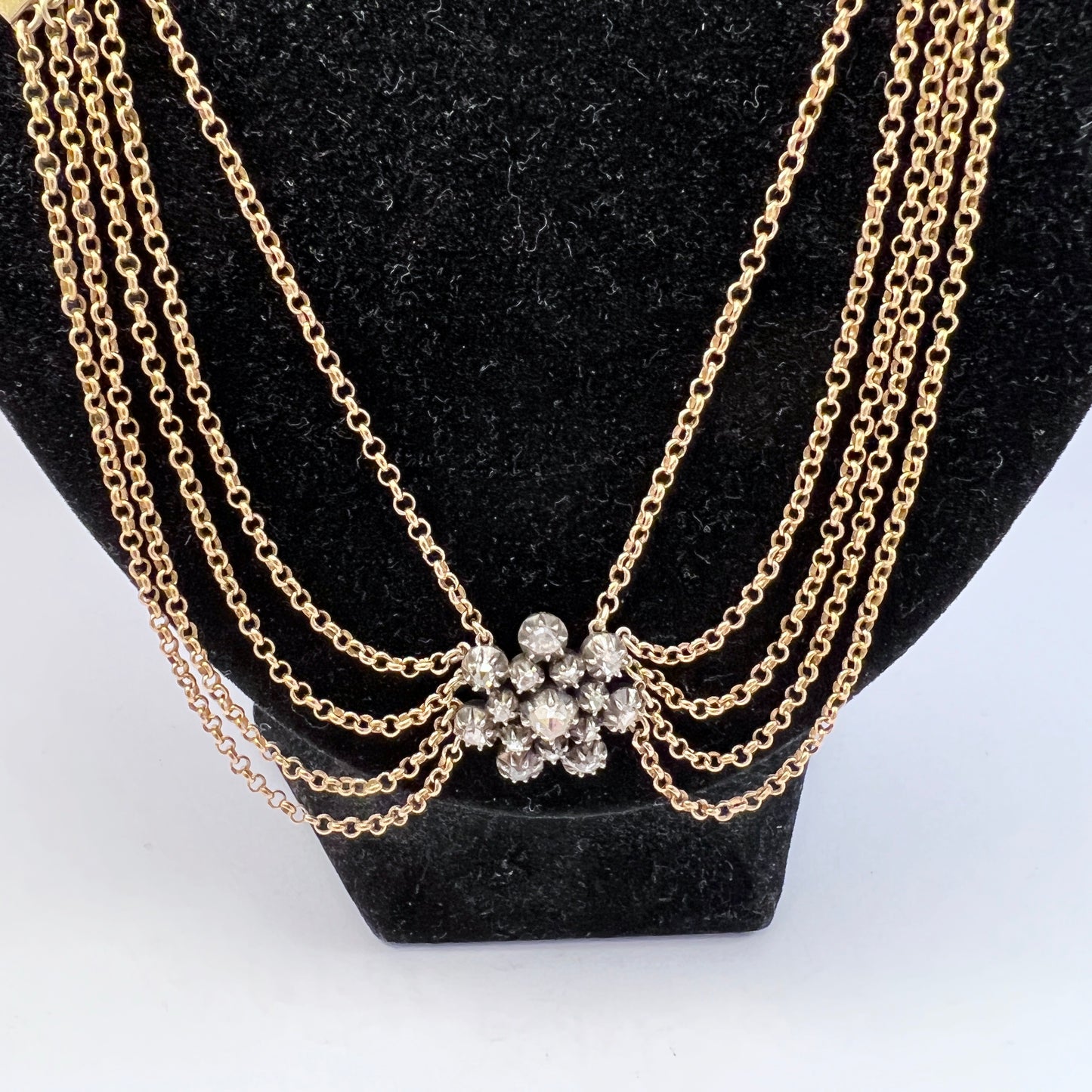 Antique 18k Gold Rose Cut Diamond Cluster Esclavage Necklace. Early 1900s. 25.2gram