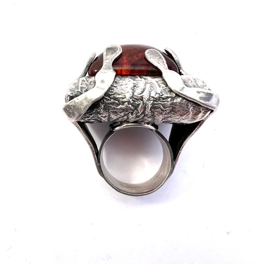 ORNO, Poland 1960s. Vintage Gigantic Solid Silver Baltic Amber Ring.