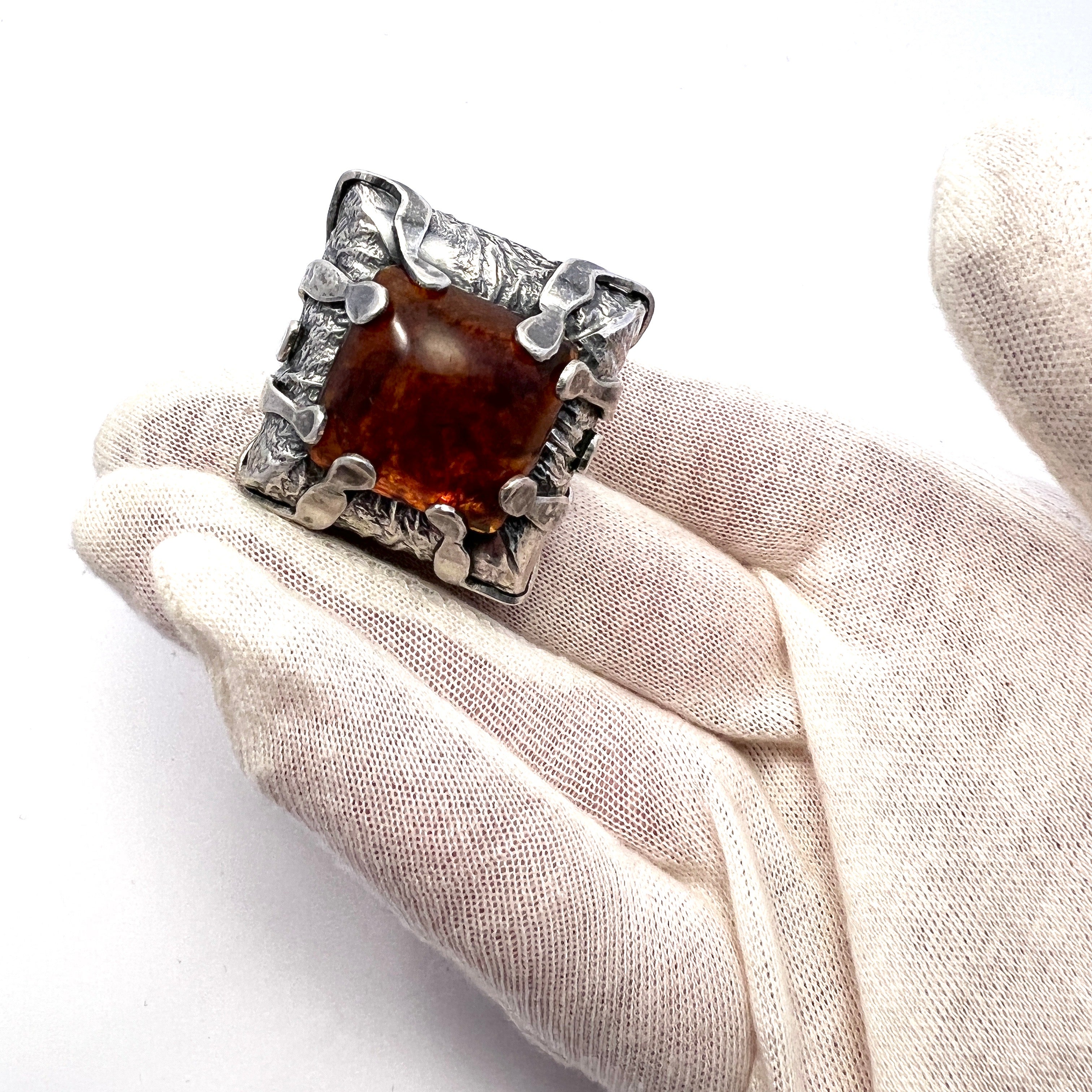 ORNO, Poland 1960s. Vintage Gigantic Solid Silver Baltic Amber Ring.