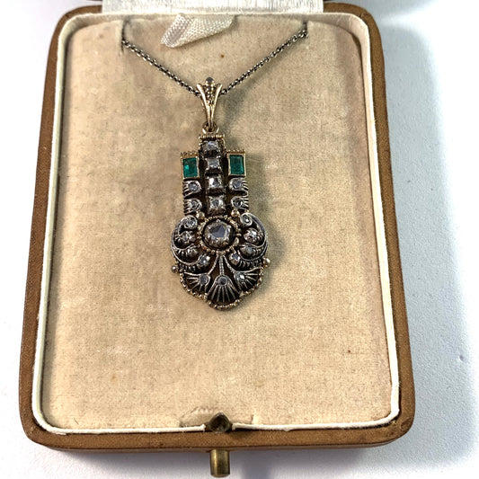 Art Deco 18k Gold Diamond Emerald Pendant.