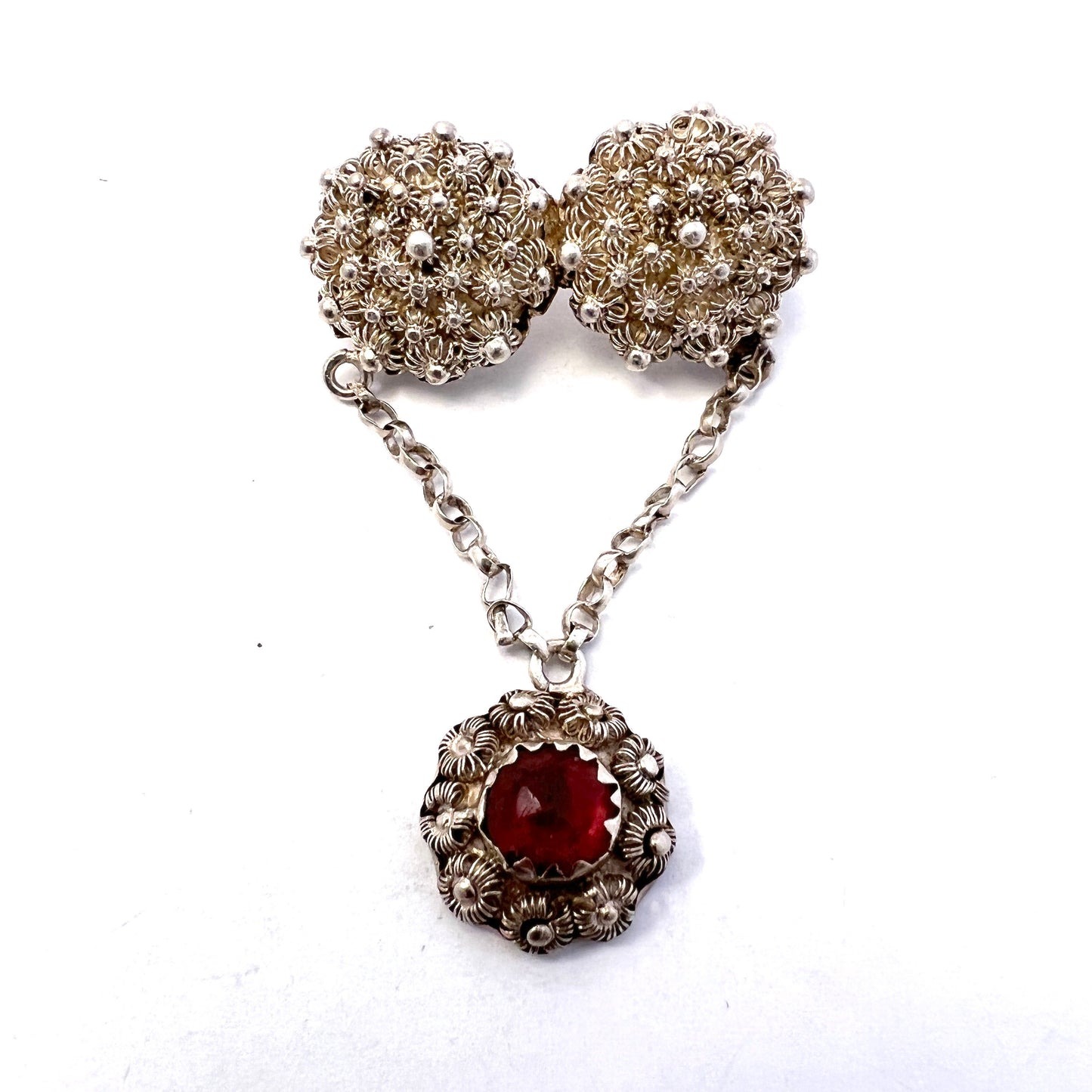 Sweden mid 1800s. Antique Silver Red Paste Brooch.