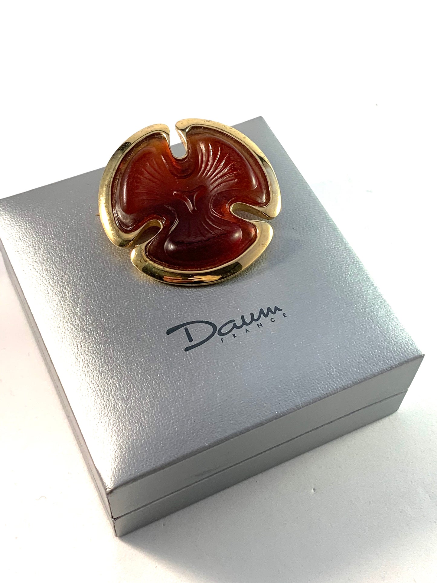 Daum, France Art Glass Gilt Sterling Brooch. Original Box.