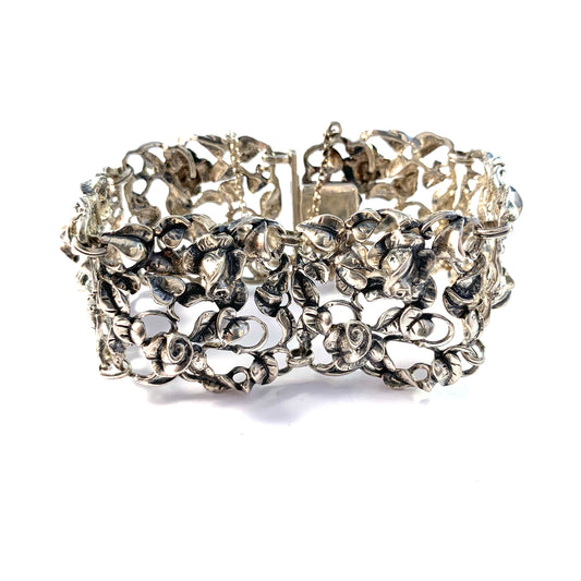 1940s Massive Sterling Silver Rose Flower Bracelet.