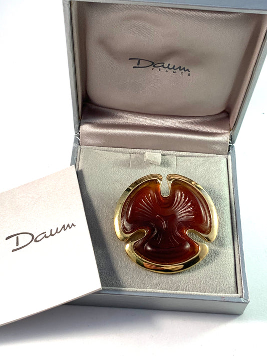 Daum, France Art Glass Gilt Sterling Brooch. Original Box.