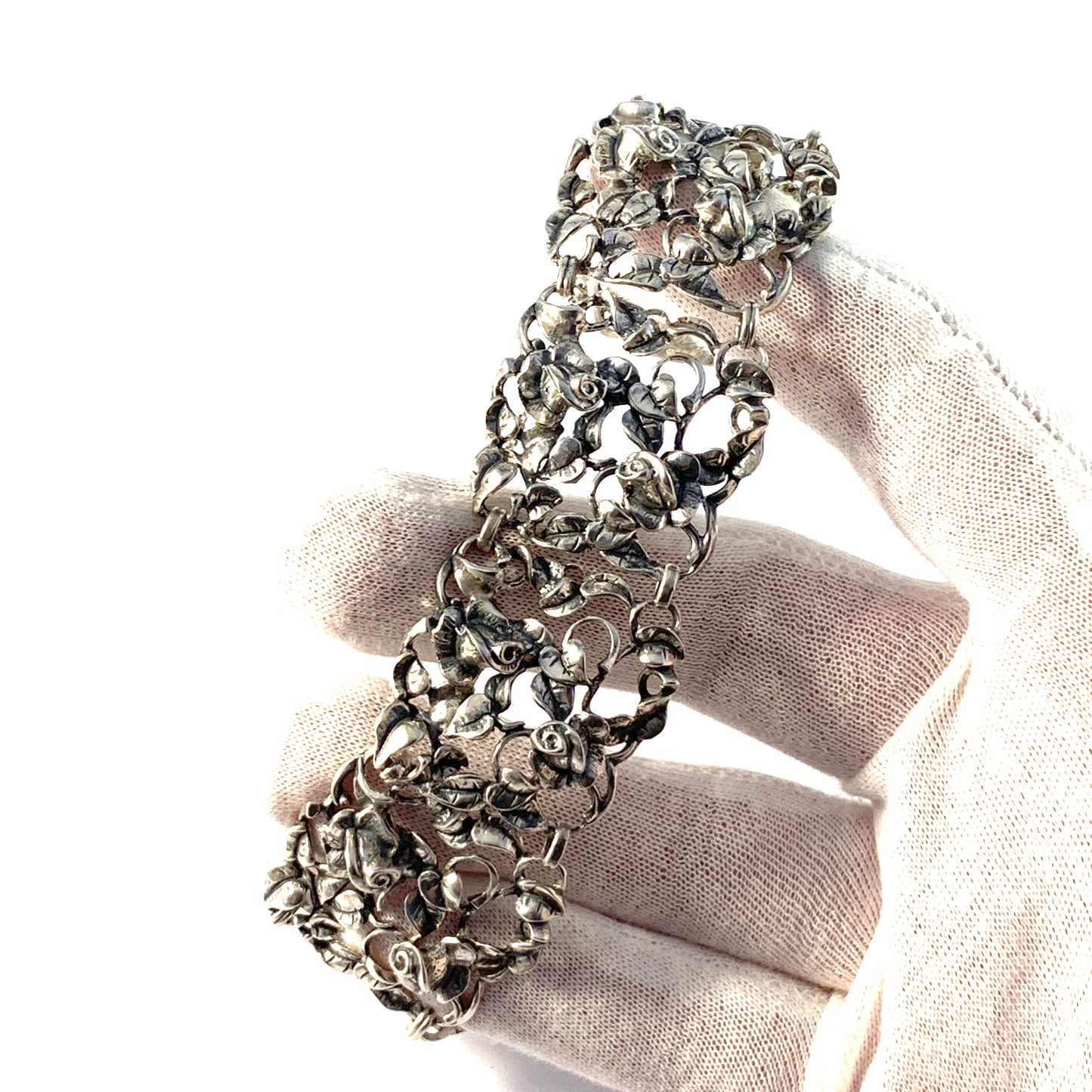 1940s Massive Sterling Silver Rose Flower Bracelet.