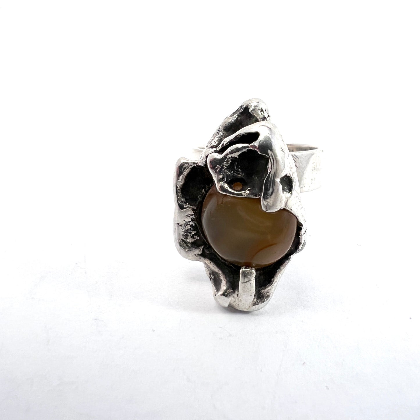 Atelje Te-Boon, Sweden 1969 Vintage Modernist Sterling Silver Agate Ring. Signed.