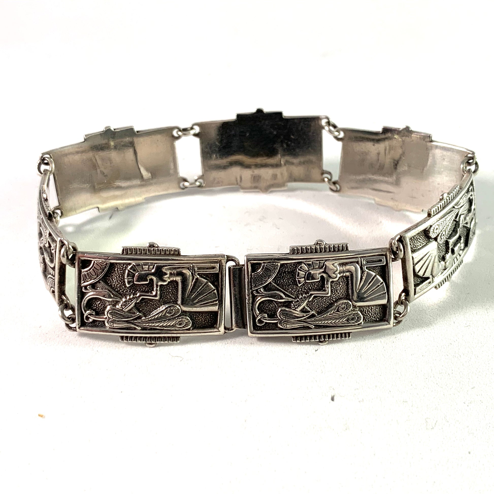 Mid Century Egyptian Revival Silver Bracelet.