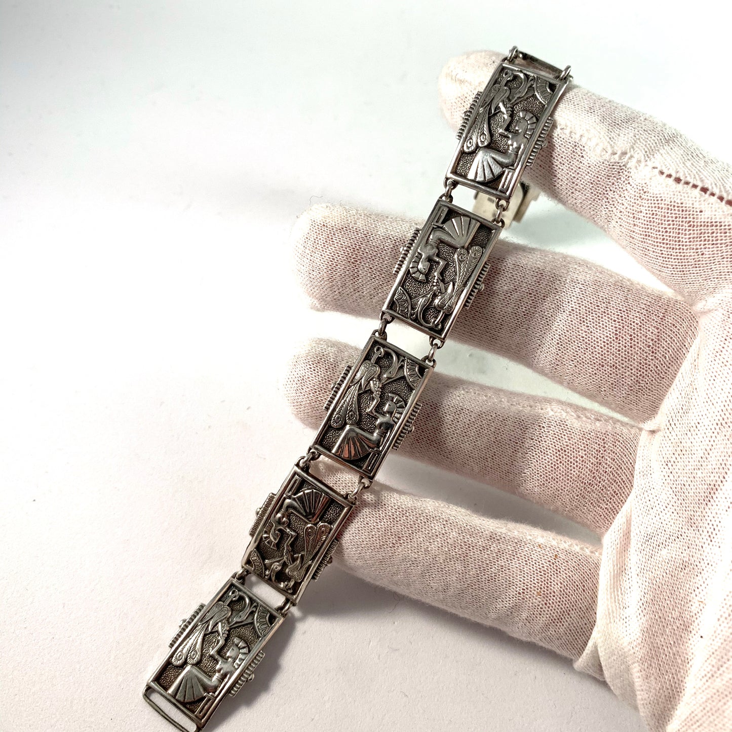 Matsilver, Sweden 1951 Mid Century Egyptian Revival Silver Bracelet.
