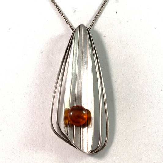 Fischland Ostseeschmuck, Germany 1960s Large 835 Silver Amber Pendant Necklace.