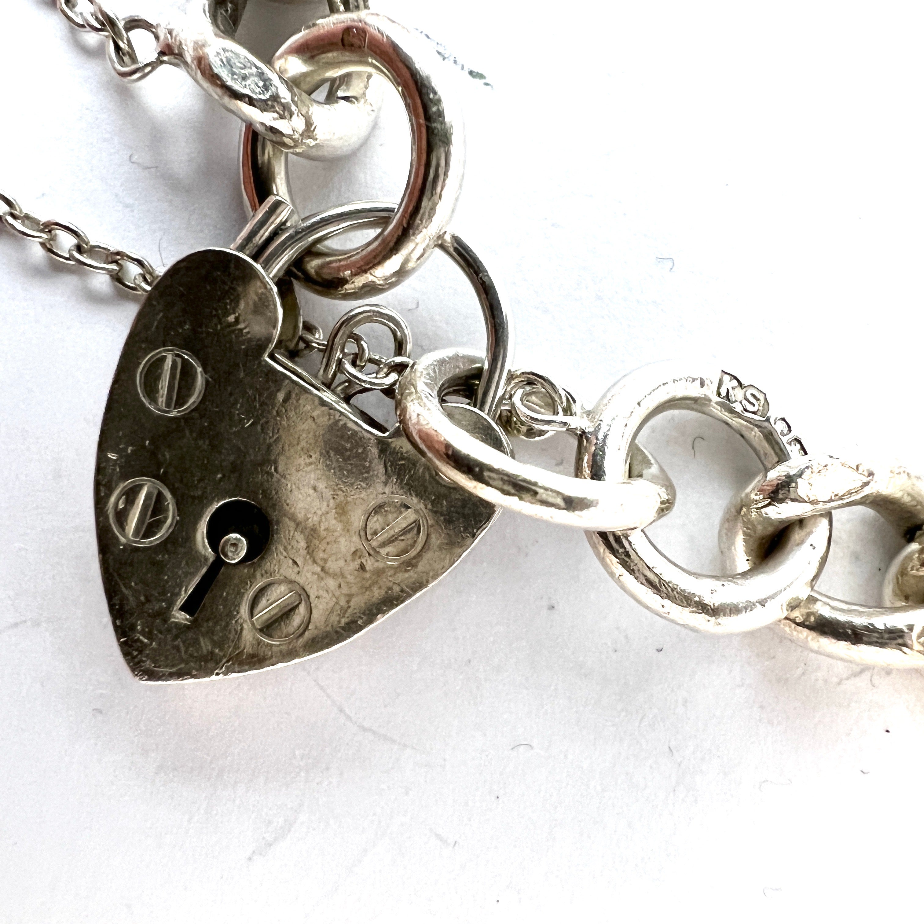 Vintage Sterling Silver Charm Bracelet Heart Padlock 