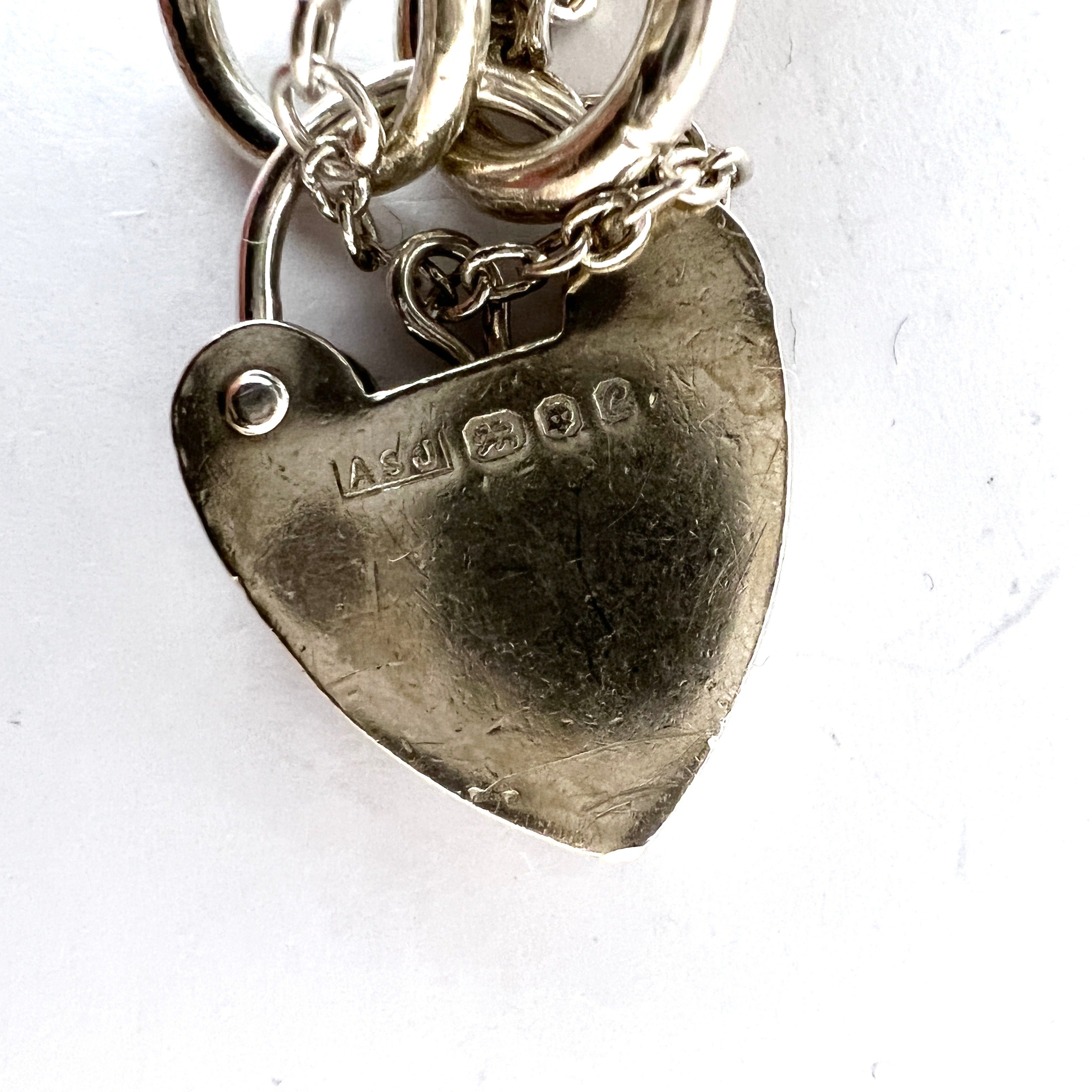 Vintage Sterling Silver Charm Bracelet Heart Padlock 