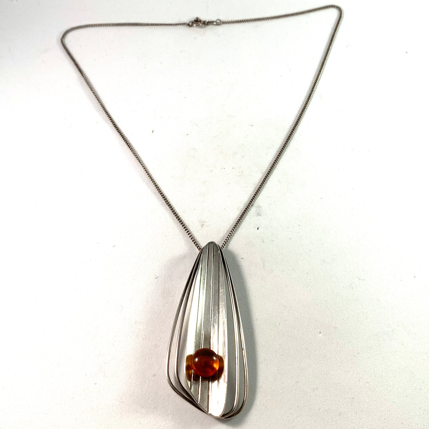 Fischland Ostseeschmuck, Germany 1960s Large 835 Silver Amber Pendant Necklace.