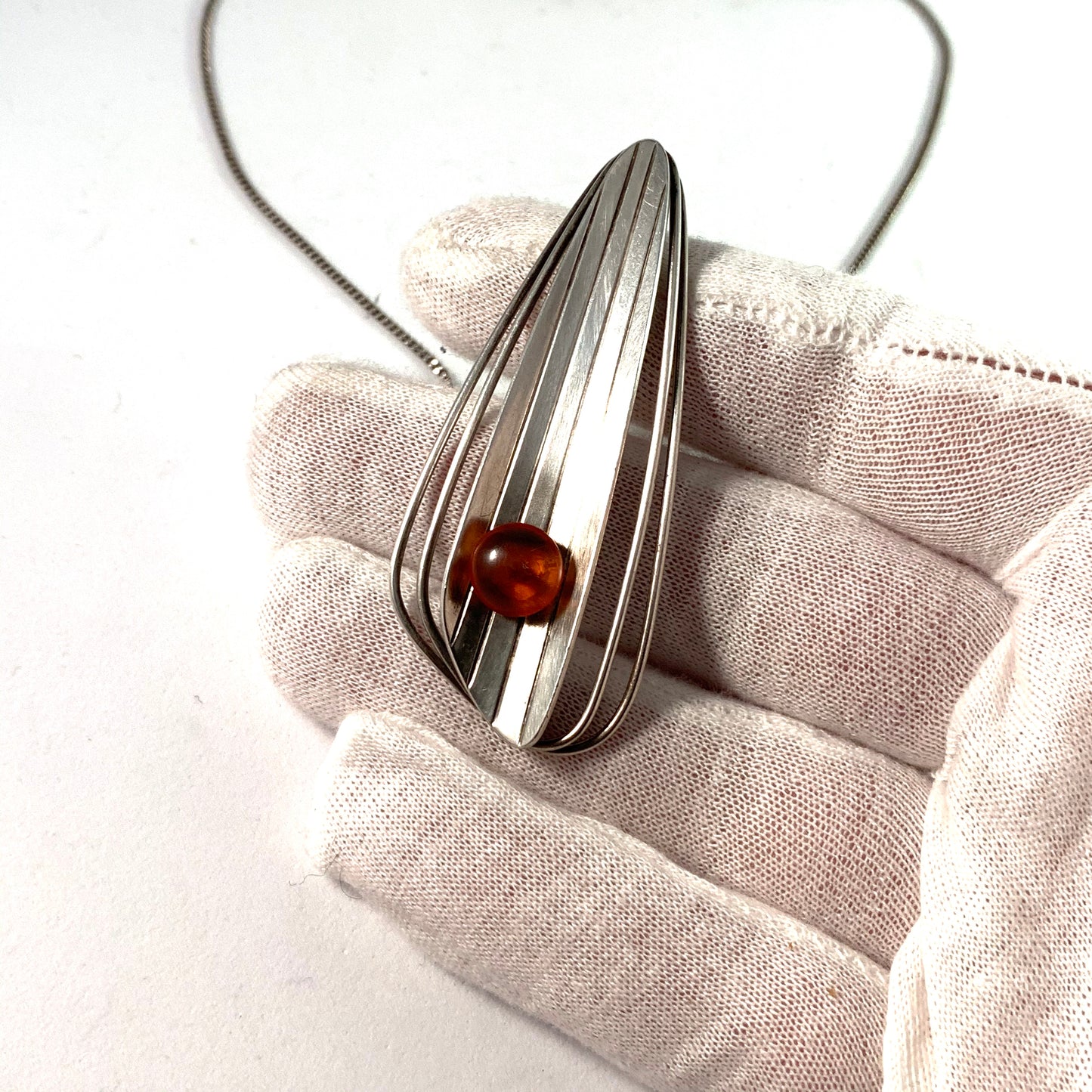 Fischland Ostseeschmuck, Germany 1960s Large 835 Silver Amber Pendant Necklace.