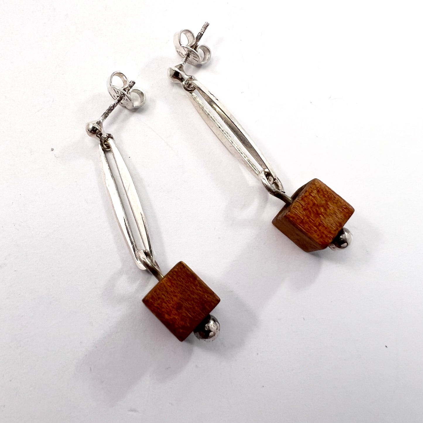 Anna Greta Eker, Norway 1960s. Sterling Silver Wood Dangle Earrings.