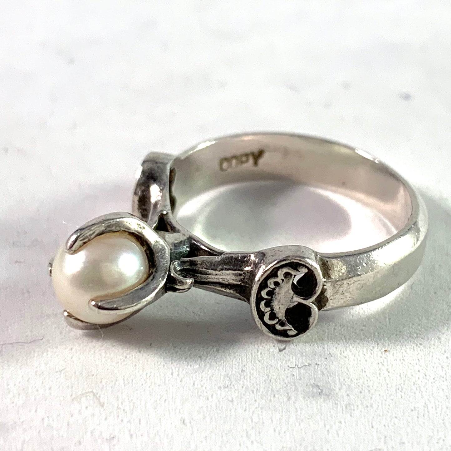 Bengt Hallberg, Sweden Vintage Sterling Pearl Viking Copy Ring.