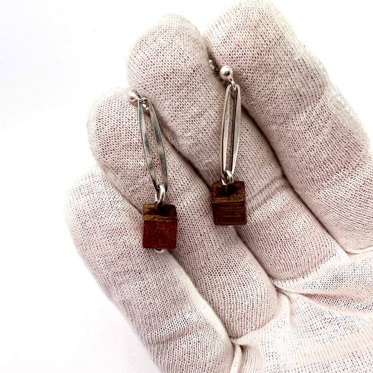 Anna Greta Eker, Norway 1960s. Sterling Silver Wood Dangle Earrings.