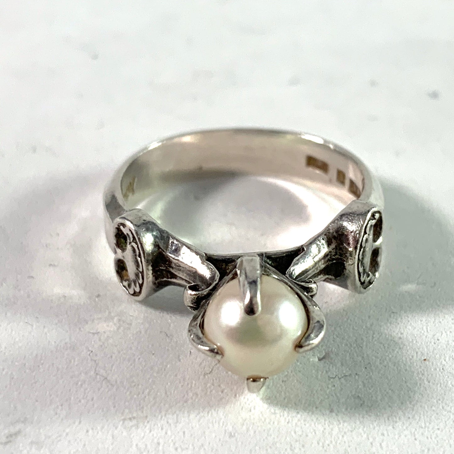 Bengt Hallberg, Sweden Vintage Sterling Pearl Viking Copy Ring.