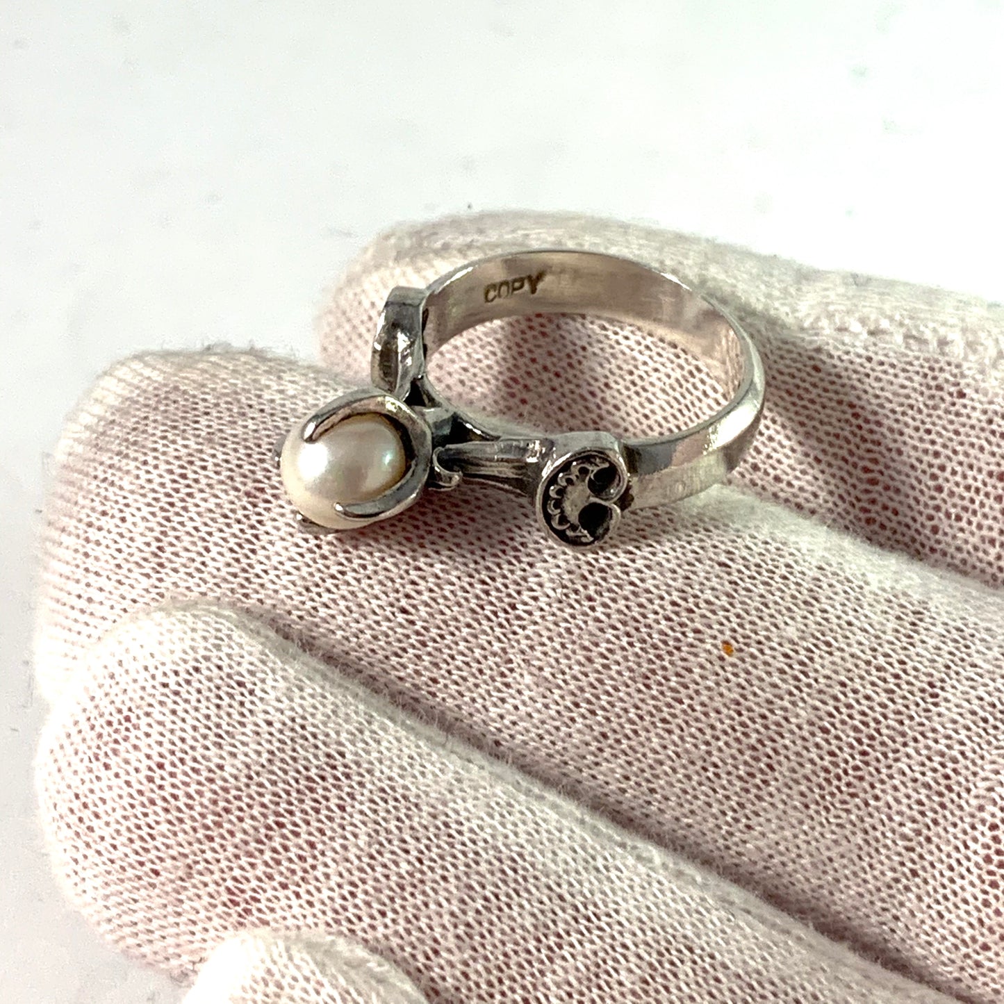 Bengt Hallberg, Sweden Vintage Sterling Pearl Viking Copy Ring.