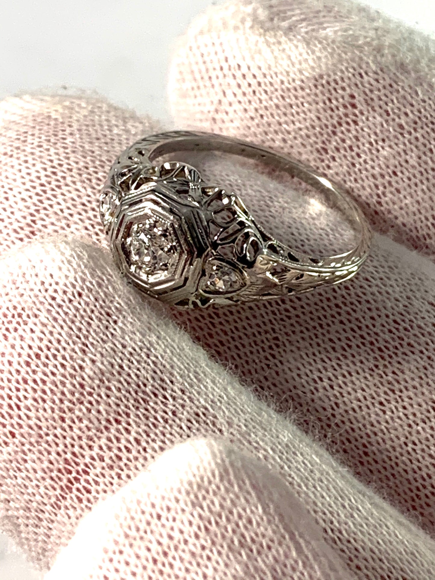 Art Nouveau Art Deco Transition c 1920s Platinum Gold Diamond Engagement Ring.