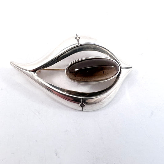 Erik Granit, Finland 1959. Vintage Mid Century Modern Solid Silver Smoky Quartz Brooch.