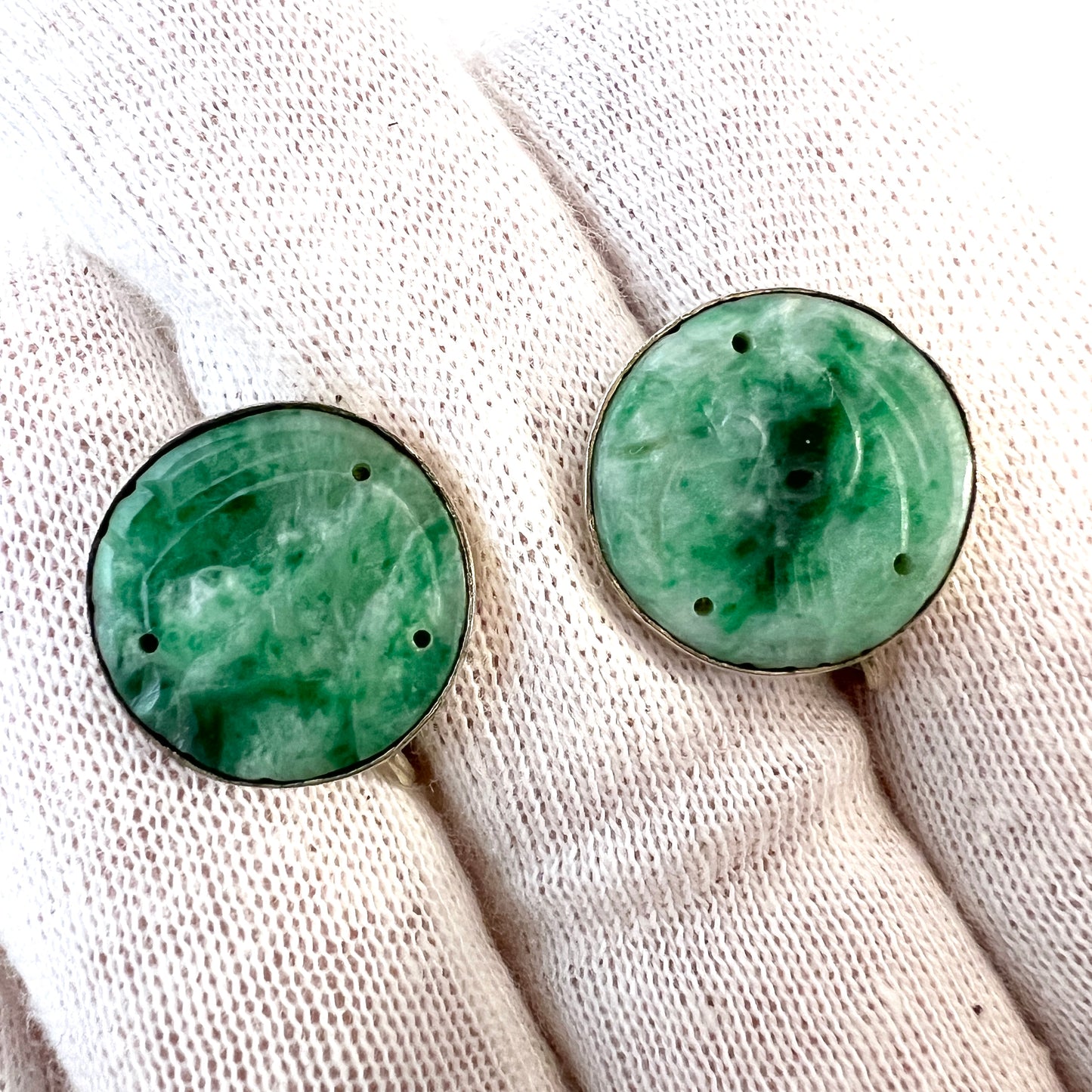 Antique Early 1900s. Carved Jade Silver Earrings.