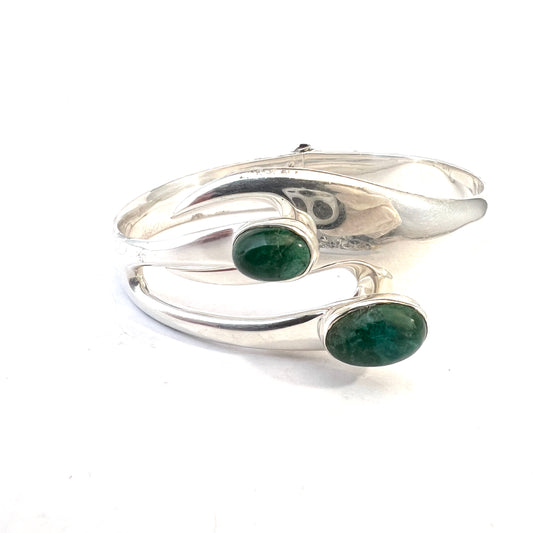 Sergio, Mexico, Vintage Sterling Silver Green Hardstone Clamper Bracelet.