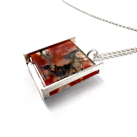 Elis Kauppi,  Kupittaan Kulta Finland 1963. Solid Silver Moss Agate Pendant Necklace.