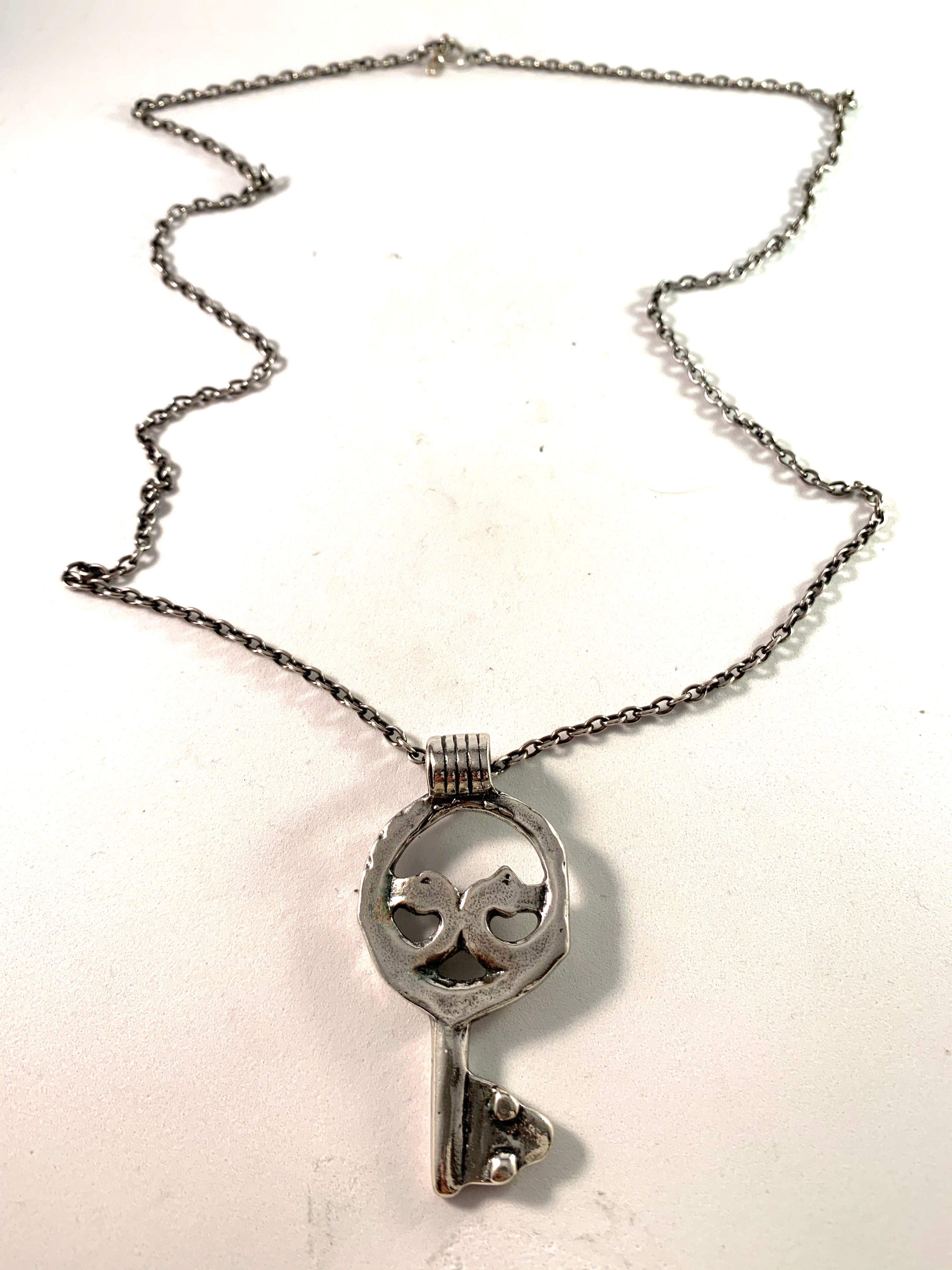 Denmark, Vintage Chunky Sterling Viking Copy Key To Valhalla Pendant Necklace.
