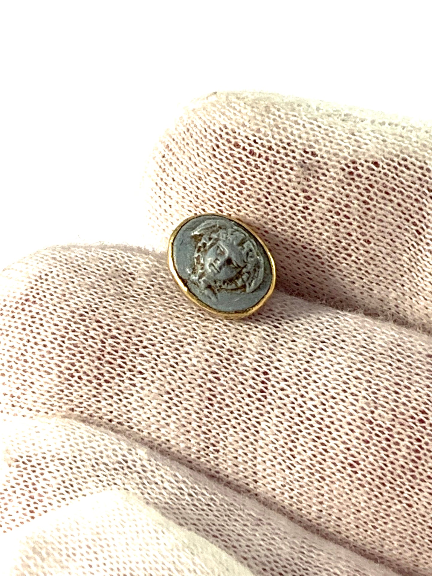 Sweden / Italy c 1850s. Antique 18k Gold Medusa Lava Cameo Tiny Button